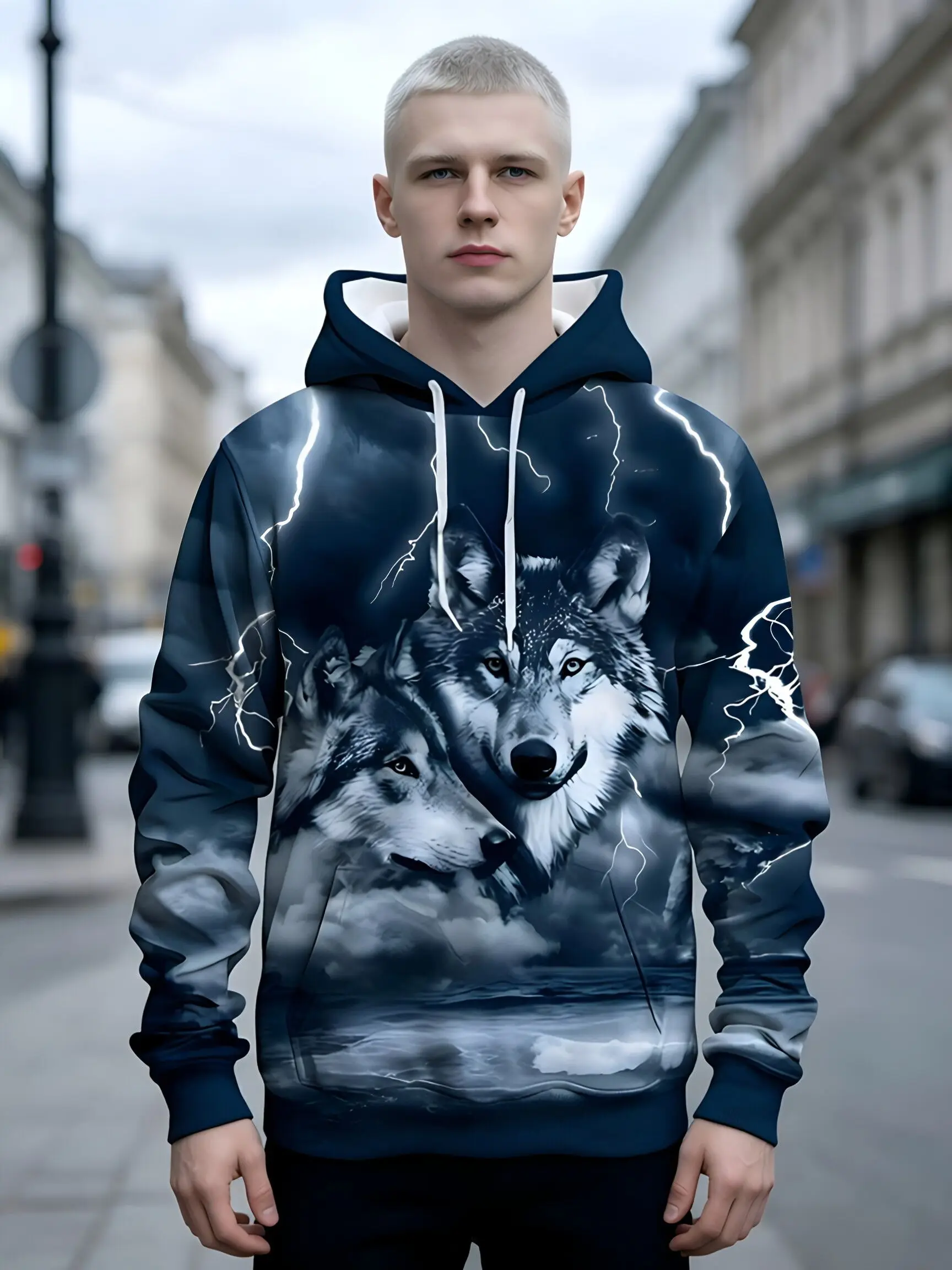 New Men Horror Beast Fangs Graphic Hoodie Red‑Black Splash Print Long Sleeve Drawstring Pocket Streetwear Pullover Sweatshirt