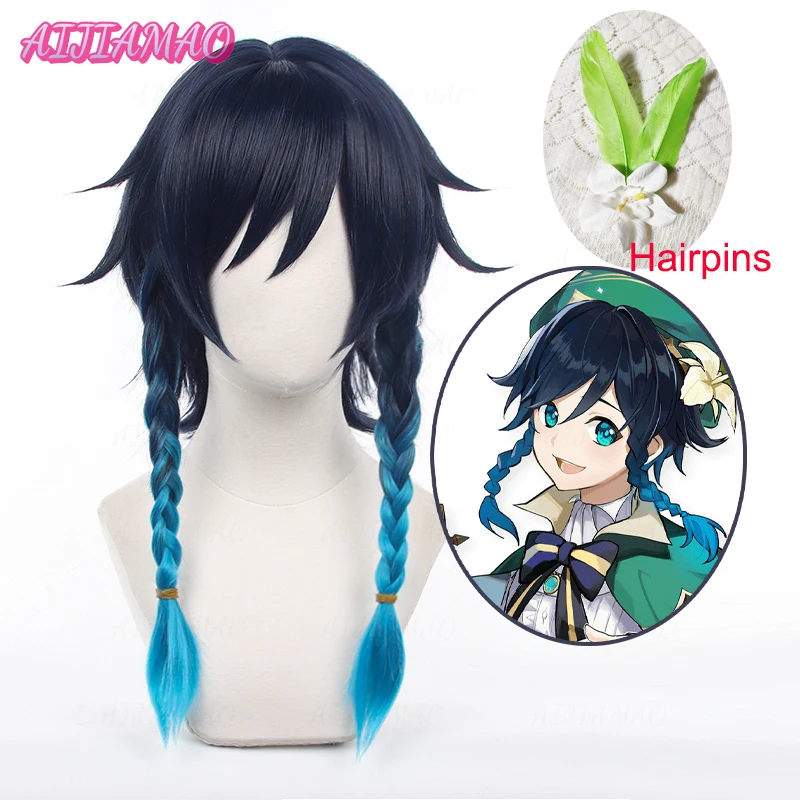 Venti Cosplay Wig Unisex 50cm Blue Wig Cosplay Anime Cosplay Braid Wigs Heat Resistant Synthetic Wigs Halloween