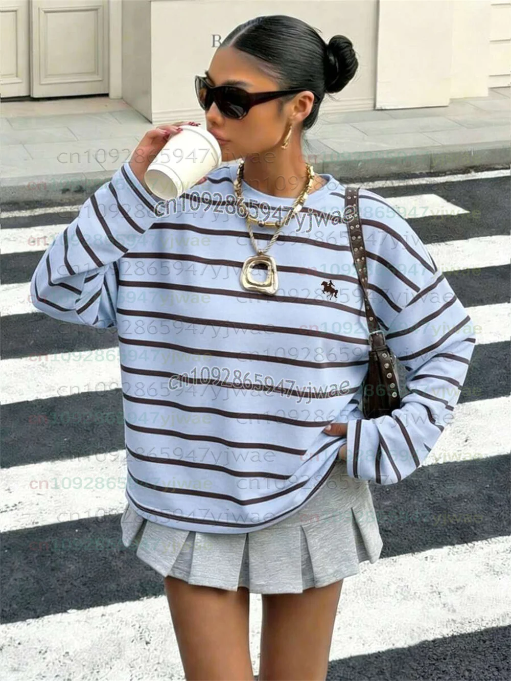 2027 Herbst/Winter Neu Heiß Braun und Blau/Rosa Bunt Gestreiftes Sportliches Colorblock-Print Damen Retro Street Langarm-T-Shirt – Detail 6