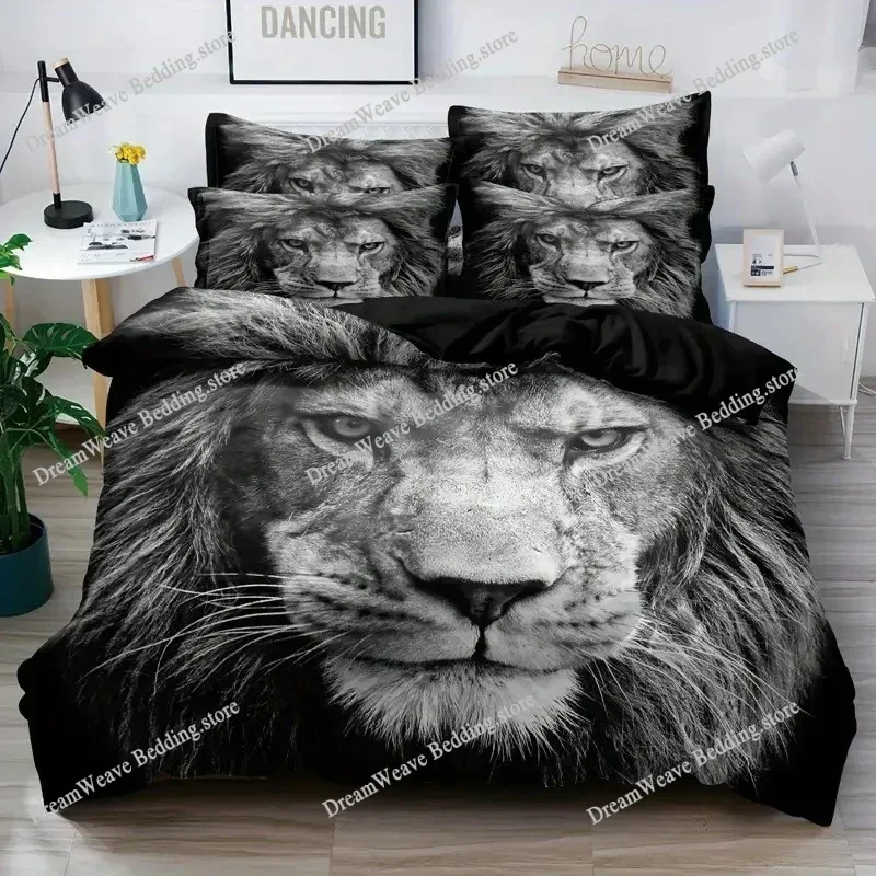 Lion Duvet Cover Set Safari Bedding Set Wildlife Hunting Polyester Double Queen King Size Quilt Cover for Kids Teens 3D Print