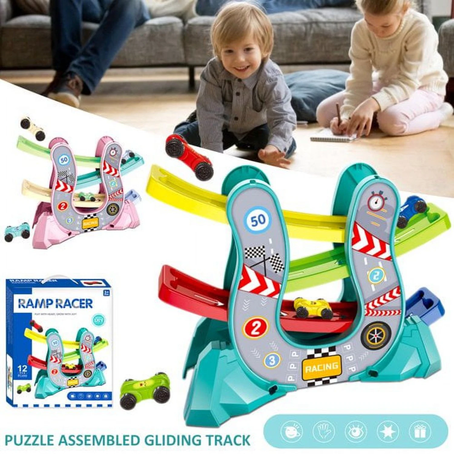 Car Ramp Toys for Toddlers 1 2 3 Year Old Boy, Race Track Car Toy for Toddler Age 2-4 Boy with 4 Car, Race Track Gift for Kids