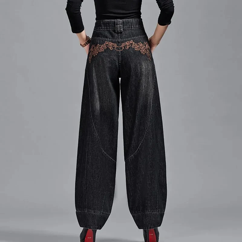 Autumn Winter High Waisted Women Jeans Casual Loose Embroidery Bloomers Trousers Female Fashion Wide Leg Denim Pants Blue