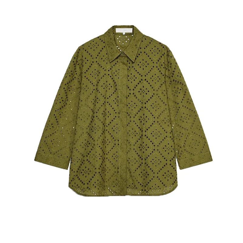 

Spring New Women's Casual irt Embroidered Hollow out Long Sve Turn-down Collar Single Row Multiple Buttons 4786075
