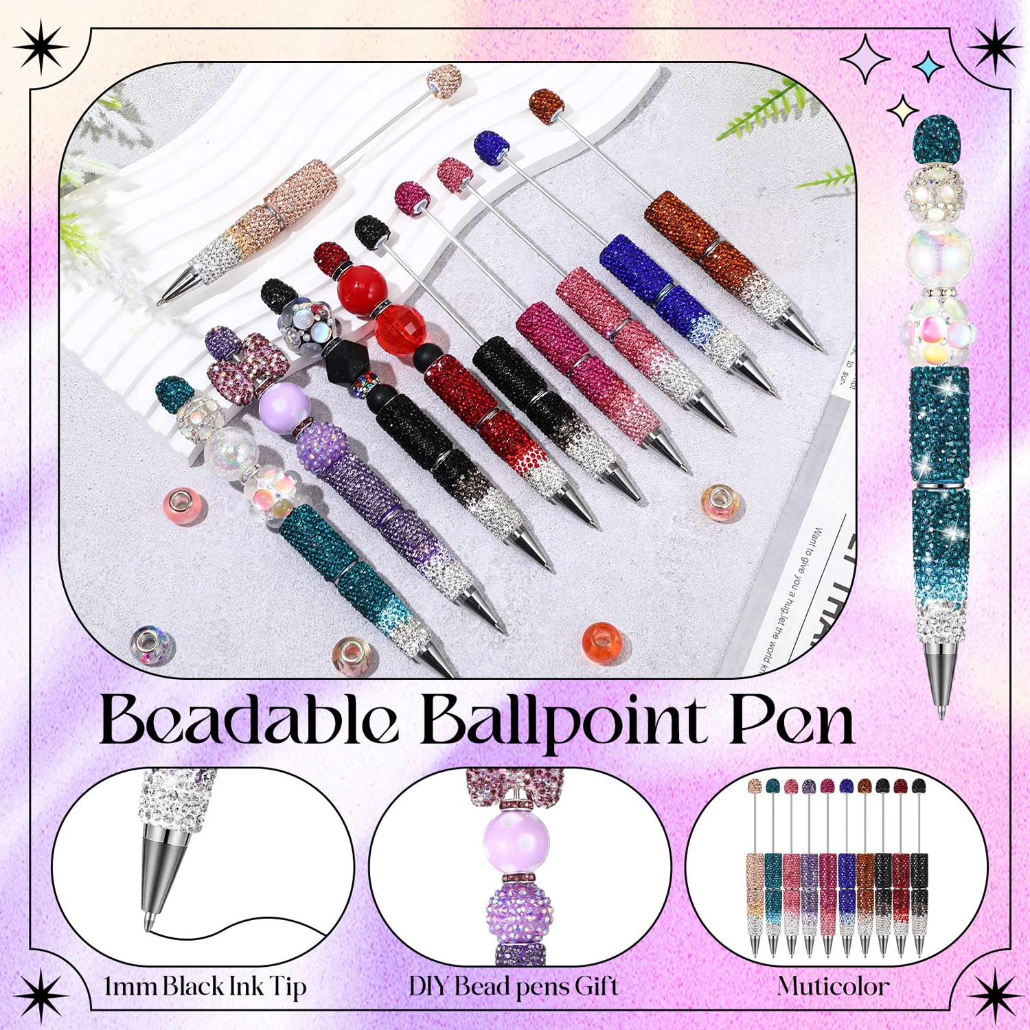 10-50Pcs Gradient DIY Bead Ballpoint Pen – Sparkly Writing Tool for Creative Gifts, Party Favors, and Craft Projects