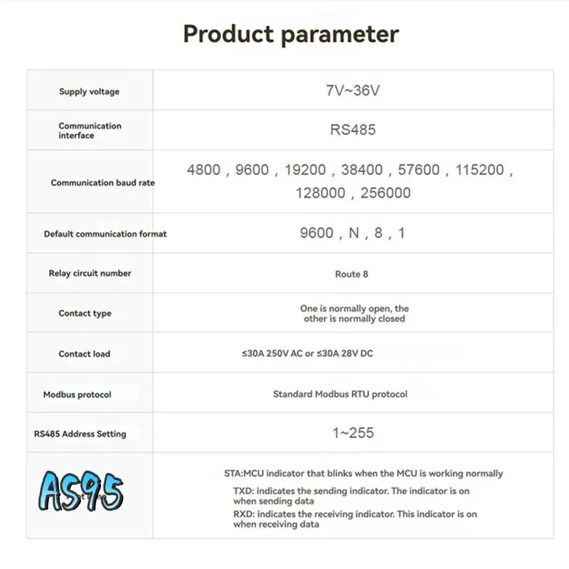 AS95-8-Ch RS485 Ethernet Relay Module Modbus RTU Protocol Various Isolation 30A High Current Relay Module