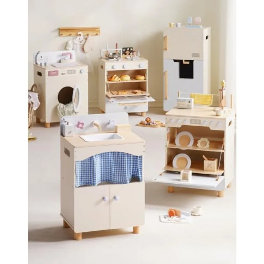 

Wooden Play Kitchen Set for pretend play: natural wood, white red, includes fridge, oven, dishwasher, washing machine sink with
