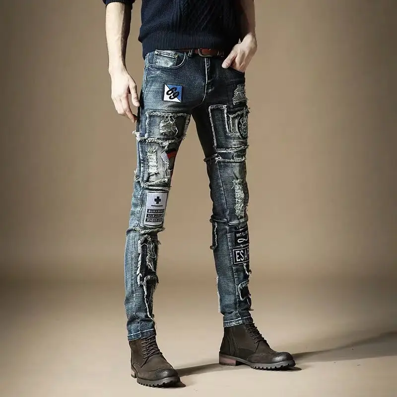 Men’s Light Luxury Street Fashion Beggar Jeans,Wear-proof Retro Style Patchwork Embroidery Jeans,Slim-fit Trendy Casual Jeans;