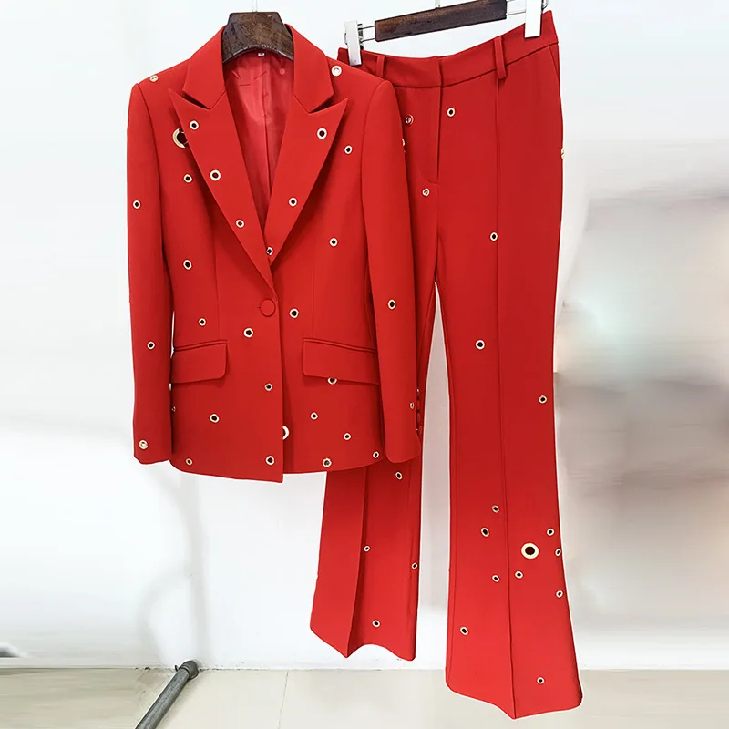 

Fashion new heavy industry metal hole one button long sleeve Blazer trousers suit commuting career two-piece suit for women