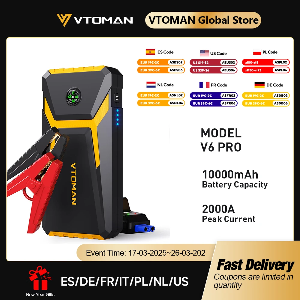 VTOMAN V6 Pro Car Jump Starter Power Bank 2000A Car Battery Charger Auto Emergency Booster Starting Device Jump Starter