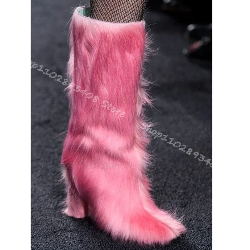 Pink Fur Decor Combat Boots Round Toe Chunky Heels Personality Stylish Autumn Party Elegant Women Boots 2024 Zapatos Para Mujere