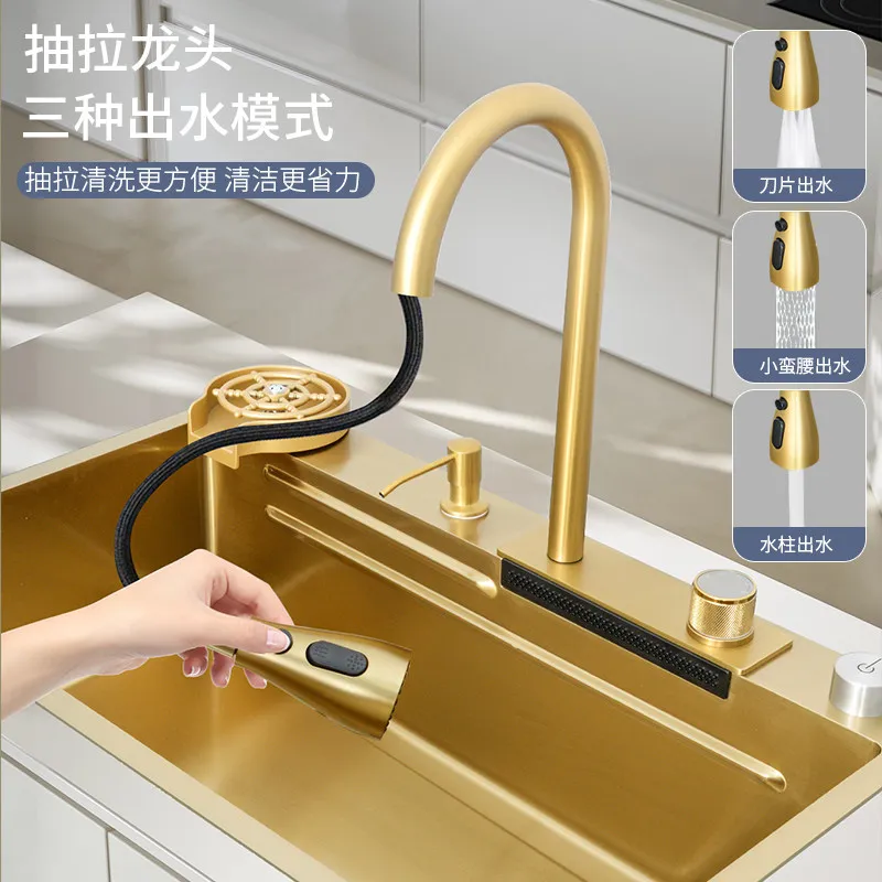 

Golden Flying Rain Waterfall Sink Large Single Sink Stainless Steel Kitchen Vegetable Basin Mid-counter and Lower Basin