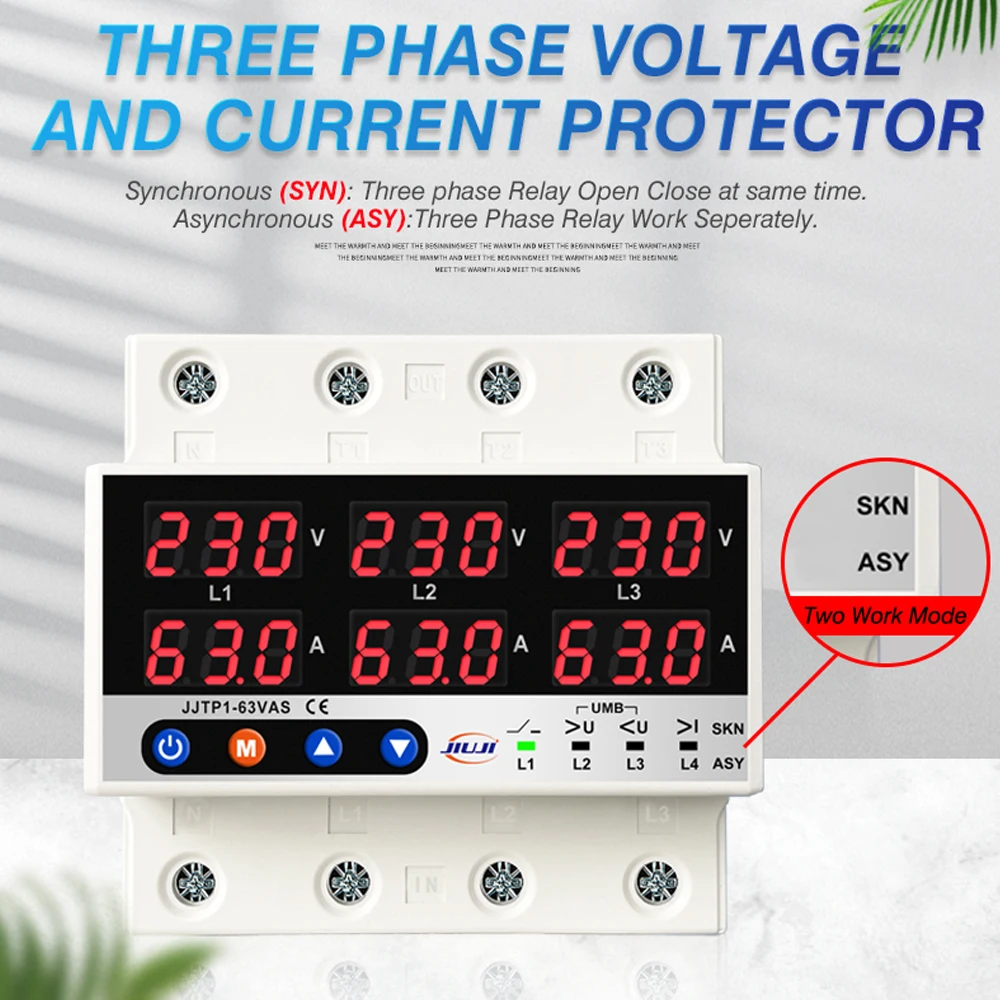 3 Phase 3P+N Din rail Voltmeter Ammeter adjustable Over Under Voltage current limit protection Monitor Relays Protector 63A 100A