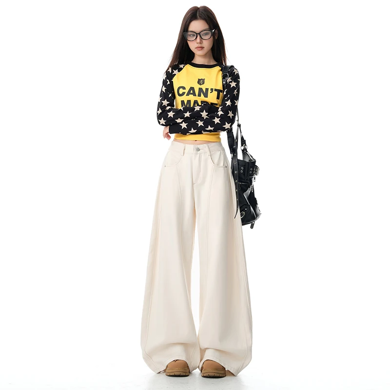 

Early autumn new beige denim pants for women, loose wide-leg high-waisted straight-leg casual pants