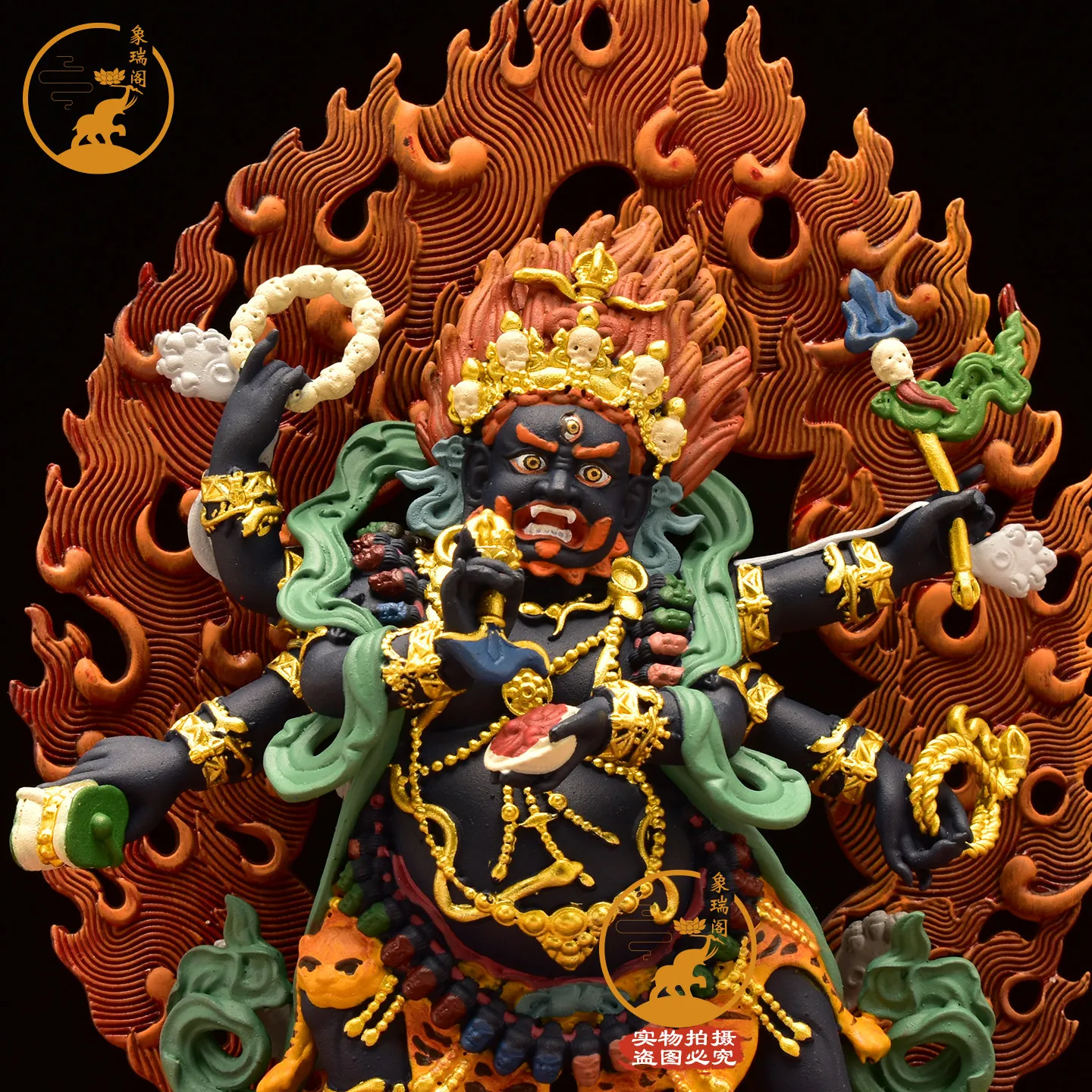 Big Black Sky Buddha Statue Tibetan Tantra Boutique Buddhist Hall Protector Ornament 5 Inch Copper Painted Six-Arm Mahagala