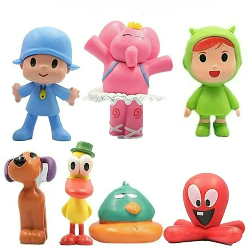 7Pcs Pocoyo Animal Figure Set Pato Duck Loula Dog Elli Elephant PVC Model Cake Topper Scene Ornaments Cute Cartoon Birthday Gift