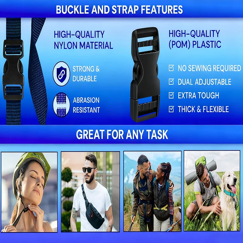 

Buckles and Strap Set 15/20/25mm 10Meters Nylon Webbing 10Pcs Release Buckle Tri-Glide Slide Clips Black Plastic Carabiner Kits