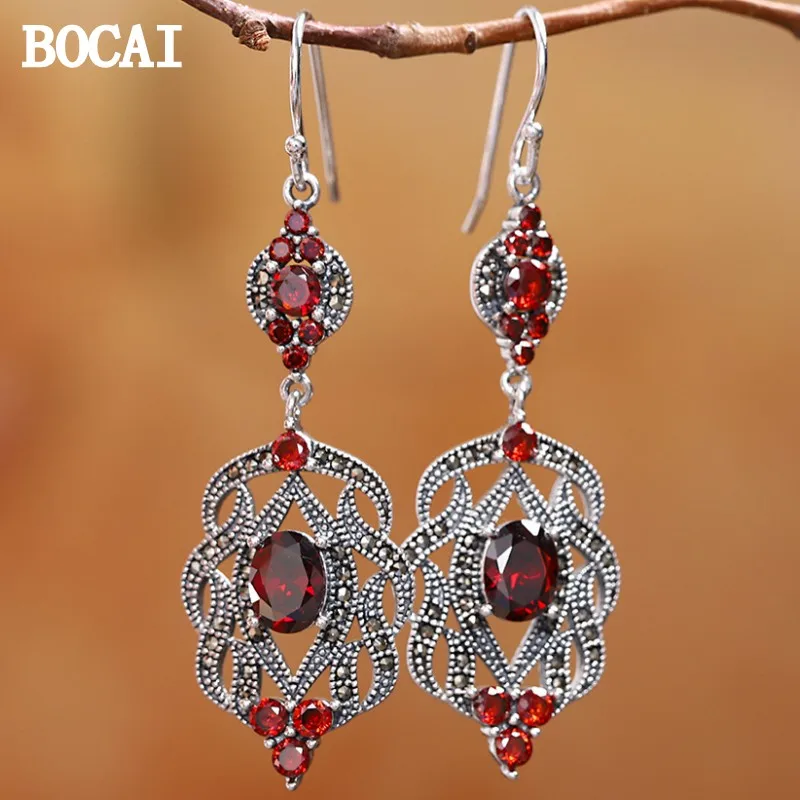 

BOCAI Новый S925 Серебряный Модный Национальный Стиль инкрустированный серьги с красным Цирконом женский