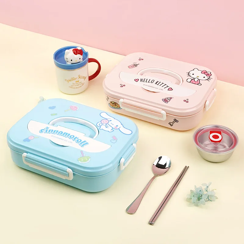 

Ланч-бокс Sanrios Hellokitty, миска Kuromi, ложка, палочки для еды, набор изолированной посуды, детский портативный дорожный аниме-бокс для офиса, герметичная коробка