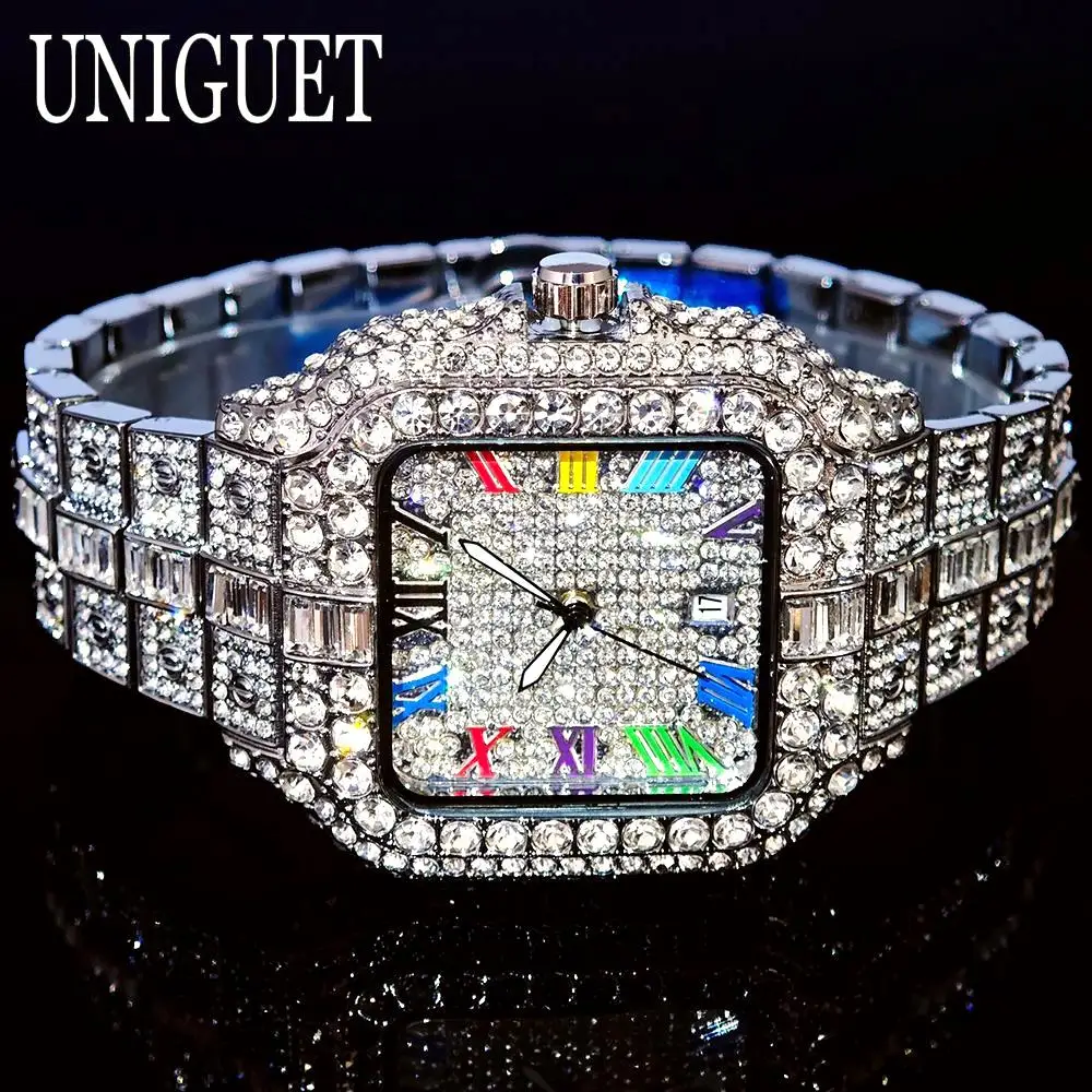 Hip Hop Ice Watches Men Brand UNIGUET Fashion Color Roman Literal Luxury Diamond Bling AAA Square Wristwatch Man Dropshipping