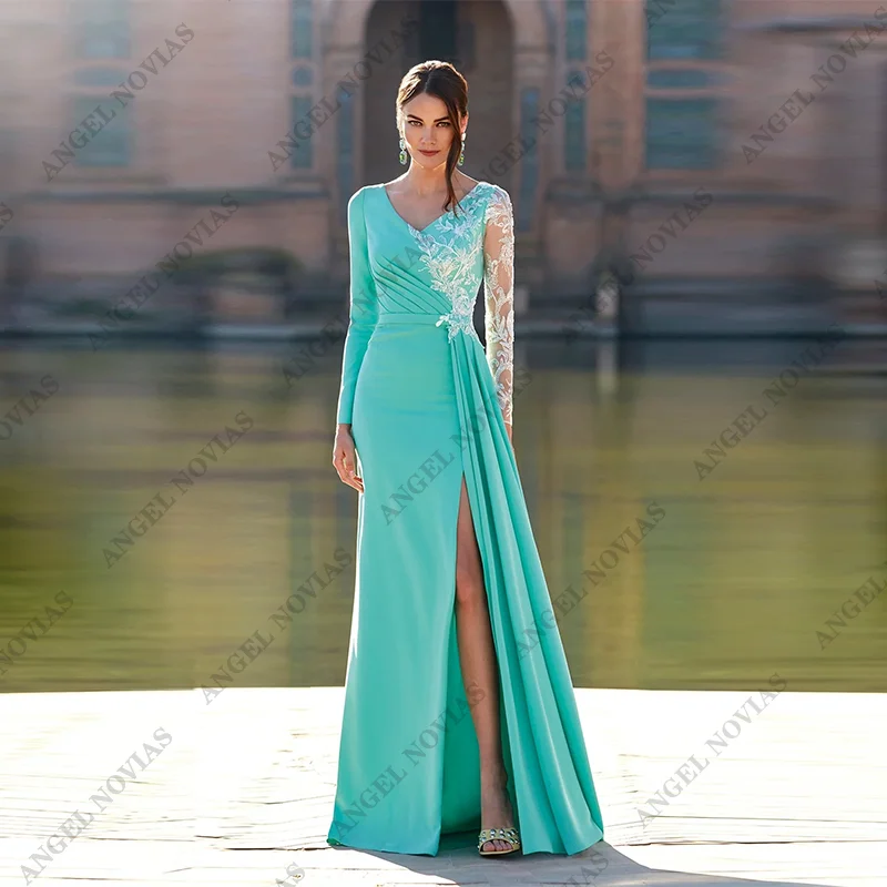 

Long Sleeves Green Satin Mother of the Bride Dresses Wedding Evening Party Gowns vestidos de fiesta elegantes 2024 para boda