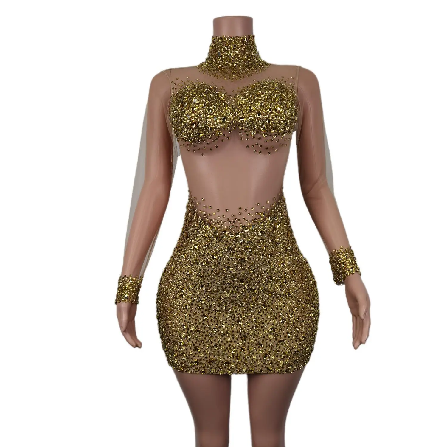 

Luxury Rhinestones Short Dress Sexy Mesh See Through Crystals Party Celebriate Dress Performance Show Stage Wear Wangshazuan