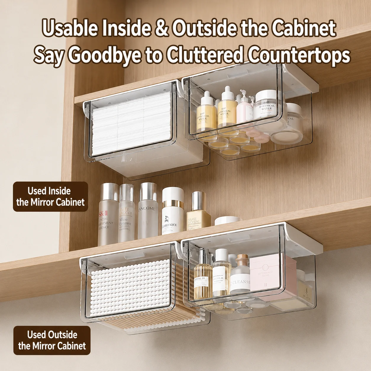 No Drill Clear PET Bathroom Mirror Cabinet Organizer Self Adhesive Pull Out Drawer Dustproof Waterproof Cosmetic Storage Box