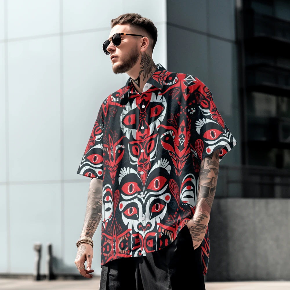 

Summer casual oversized short sleeved shirt with graphic print, loose fit, comfortable Hawaiian beach trend, single breasted