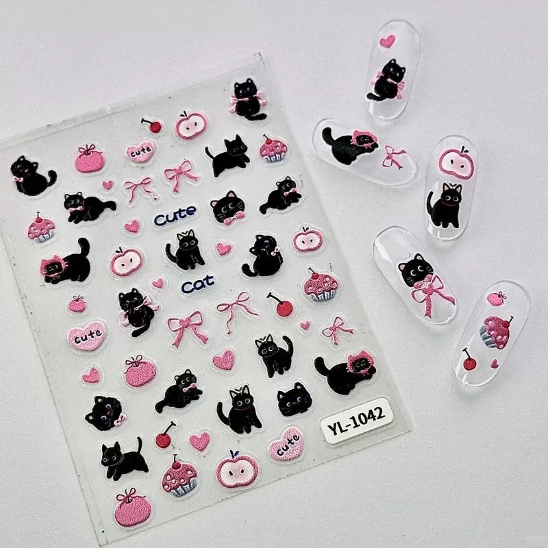 Cute Cartoon Bow Black Cat 3D Relief Sticker Adorable Girl Art Nail Kitten Decoration DIY Jelly Sticker for Phone Case Scrapbook view 2