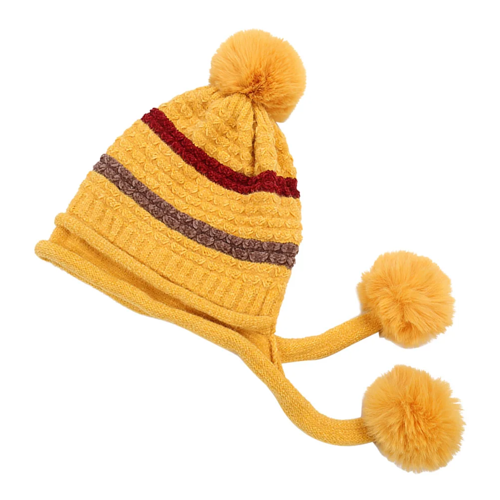 

Women Wool Knitted Winter Hat Black Hair Ball Triple Design Warm Ski Cap Outdoor Cold Weather Headgear Knitted Wool Cap