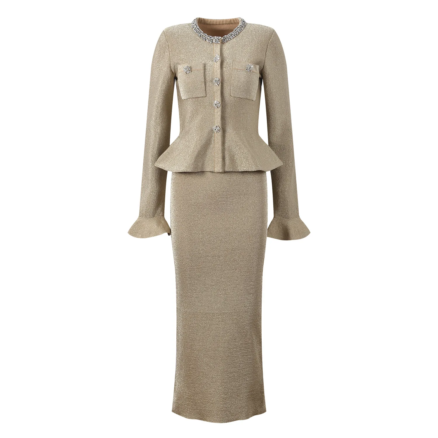 

Women's Commuter Knit Midi Dress O-Neck Flared Sleeve Ruffles Fake Two Piece Diamond Pattern Temperament Robe