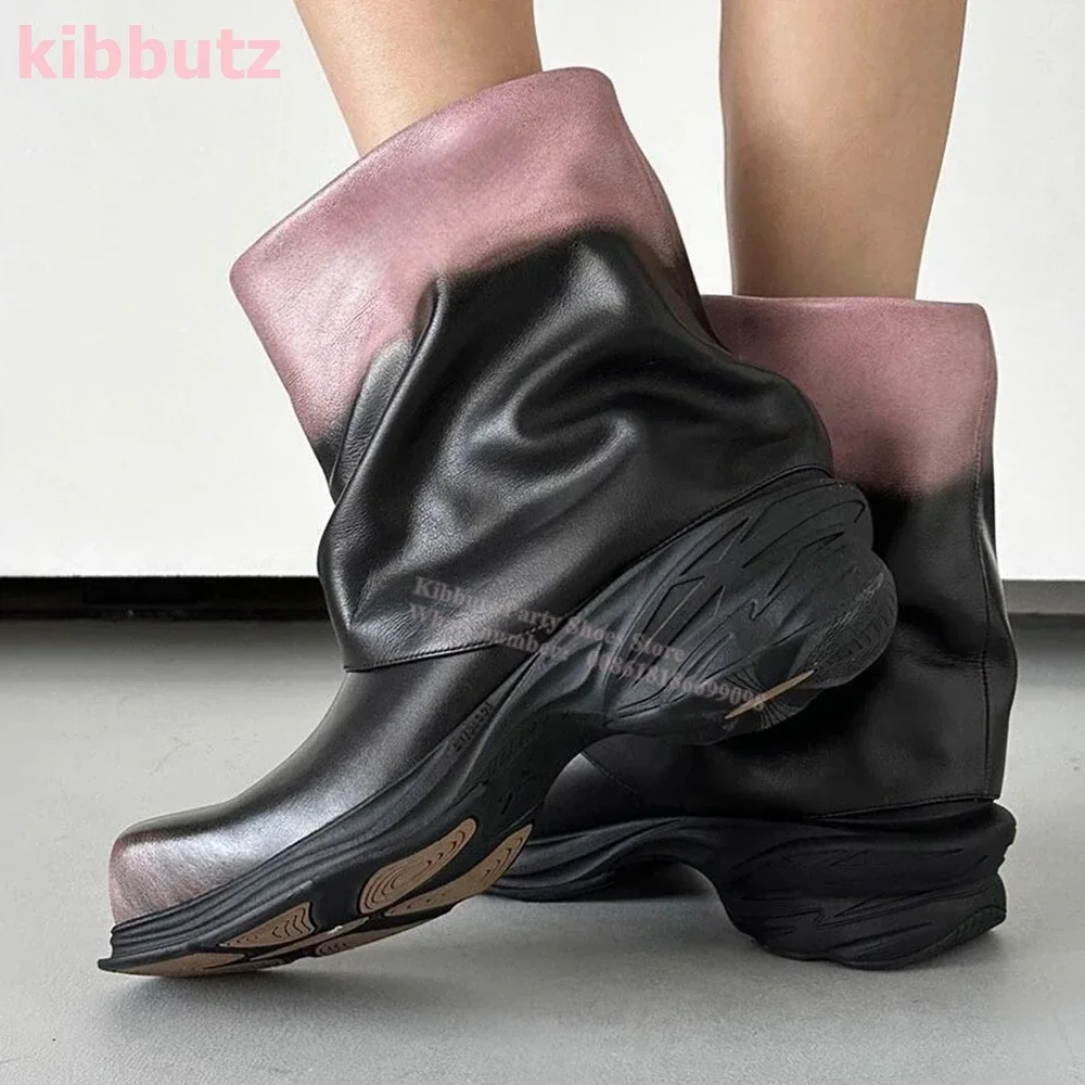 Colorblocked Pantyhose Boots Pleated Punk Square Toe Round Heels Slip-On Luxury Leather Fashion Concise Novelty Women Shoes New