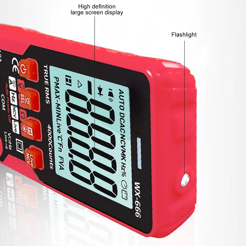 충전식 디지털 멀티미터 컬러 LCD 디스플레이 6000 카운트, 자동 범위 옴미터 캡 옴 Hz 다이오드 전압 테스터, WX666