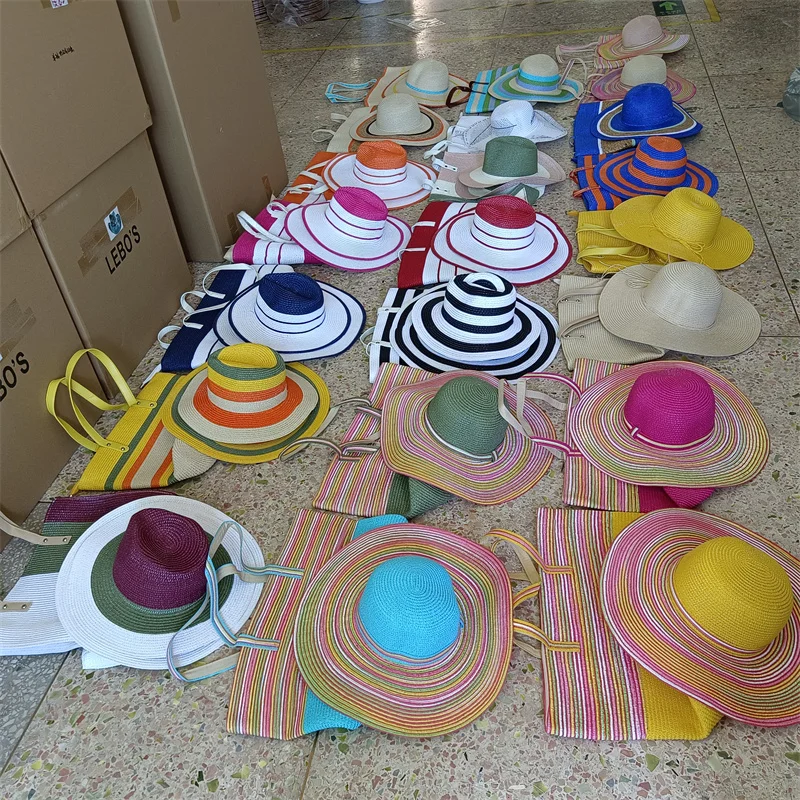 Large round neck yellow straw hat beach hat Women\'s hat New flat top straw hat Summer beach travel essential sun hat
