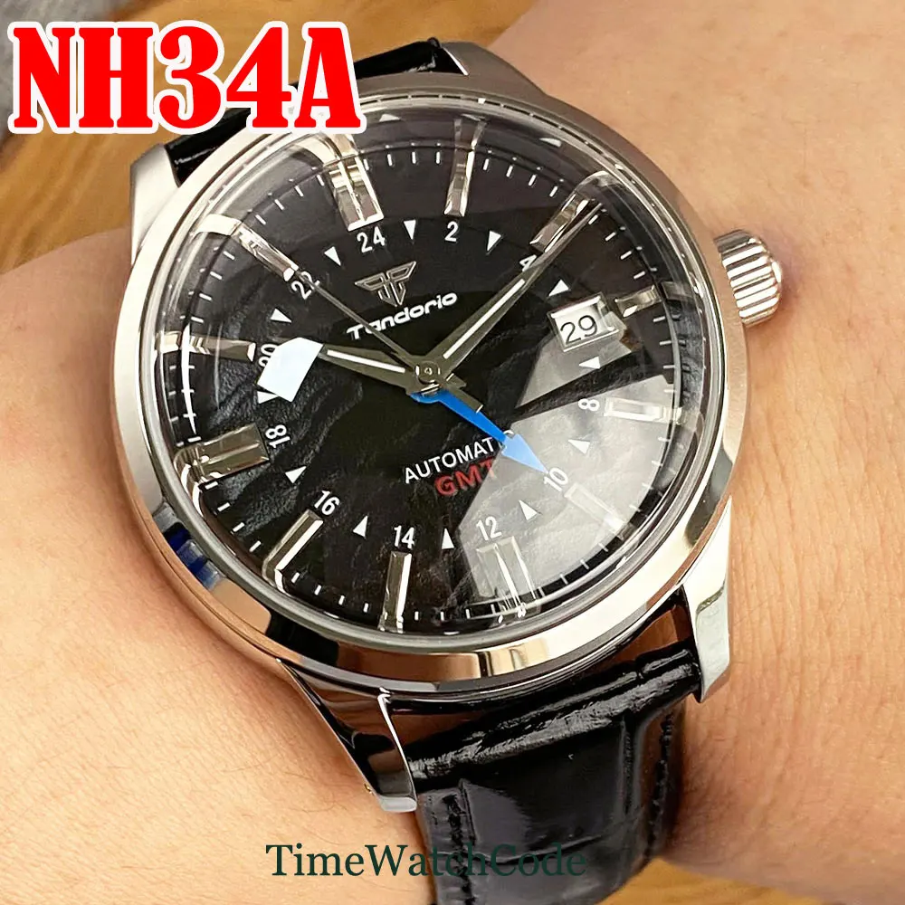 

Tandorio GMT Automatic Watch for Men NH34A Movement 10BAR Waterproof Texture Dial Bow Domed Sapphire Crystal Mechanical 40mm