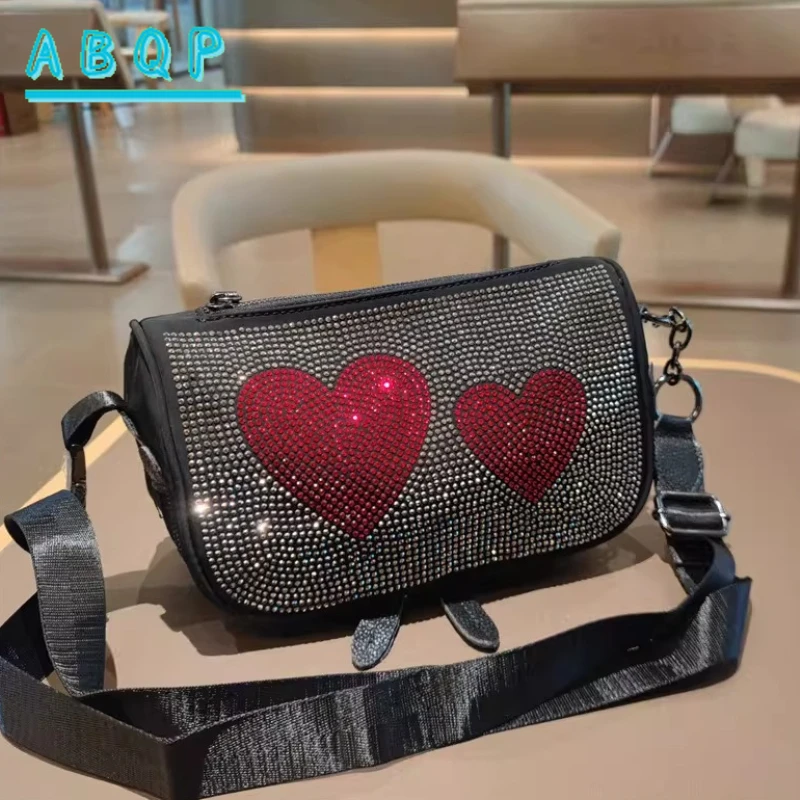 Women's Diamond-encrusted Shoulder Bag Genuine Leather Women's Shoulder Messenger Bag Love Shiny Diamond-encrusted Women's Bag