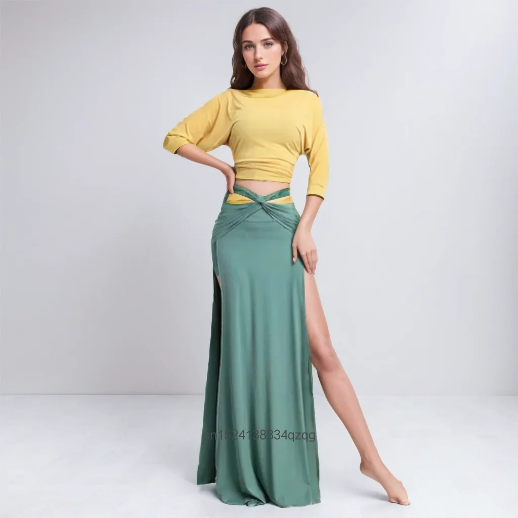 ベリーダンス衣装女性大人トップ-ロングスプリットスカート混合色セットパフォーマンス服新しい職業ダンス練習服