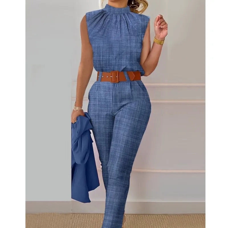 Frauen Elegante Ärmellose Druck Hemd Und Hose Sets Lässige Mode Oansatz Dünne Hosen Zwei Stück Set 2025, Sommer Büro Dame Outfit