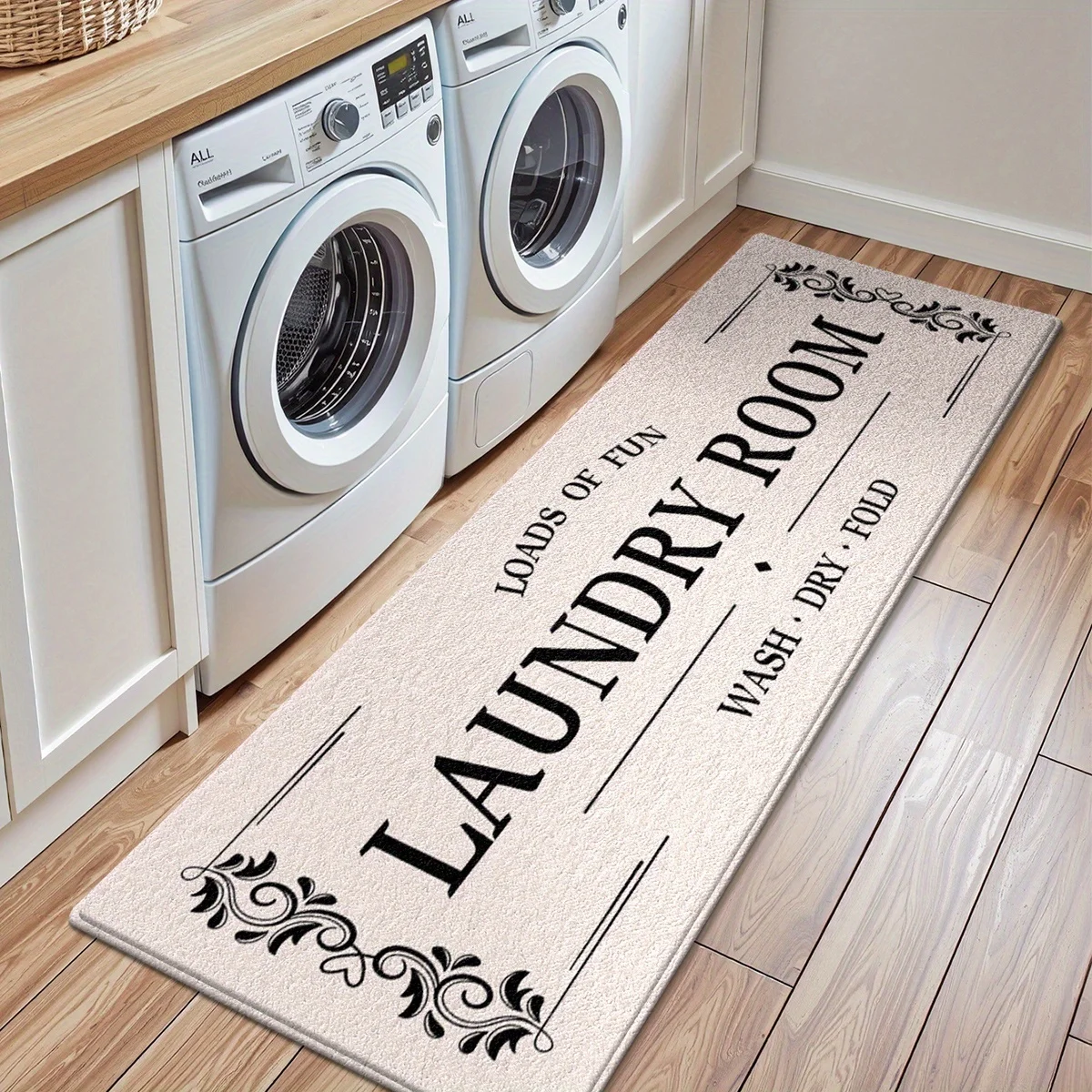 Vintage Laundry Runner Mat Anti Slip Washable Beige Floral Frame Wash Dry Fold Decor Rug for Laundry Bedroom Balcony Hall Floor
