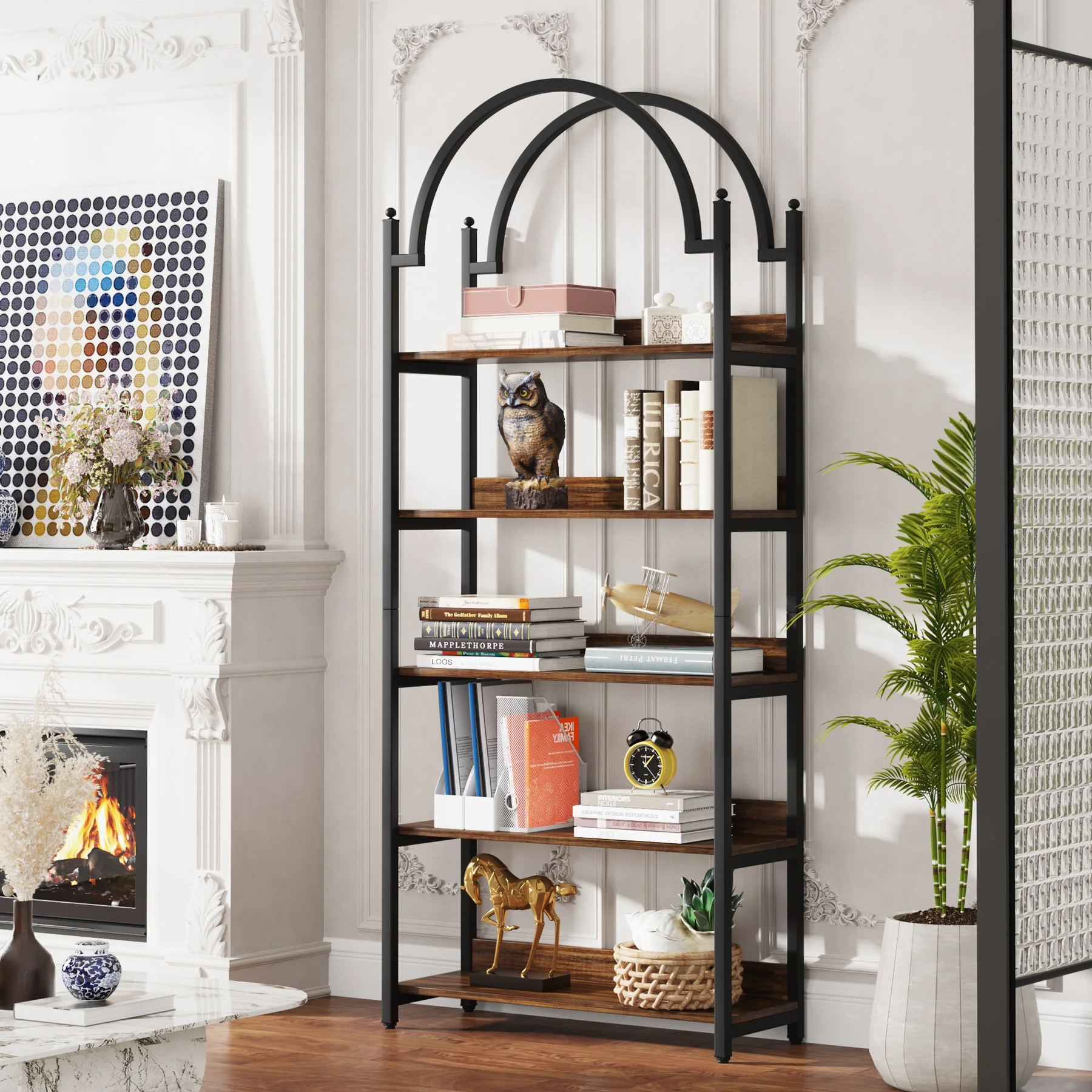 Tribesigns 5-Shelf Arched Bookcase, Industrial Metal Etagere Open Bookshelf, Rustic Wood Shelf with Black Metal Frame