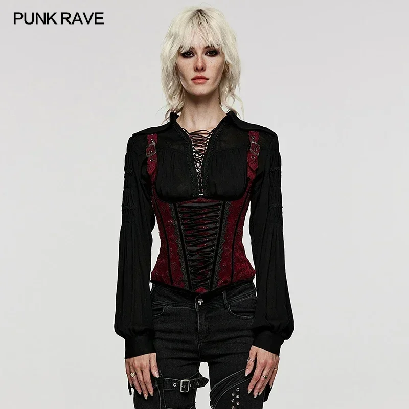 PUNK RAVE Women's Gothic Rose-patterned Corset Adjustable Shoulder Loop Party Club Slim Sexy Back Drawstrings Waist