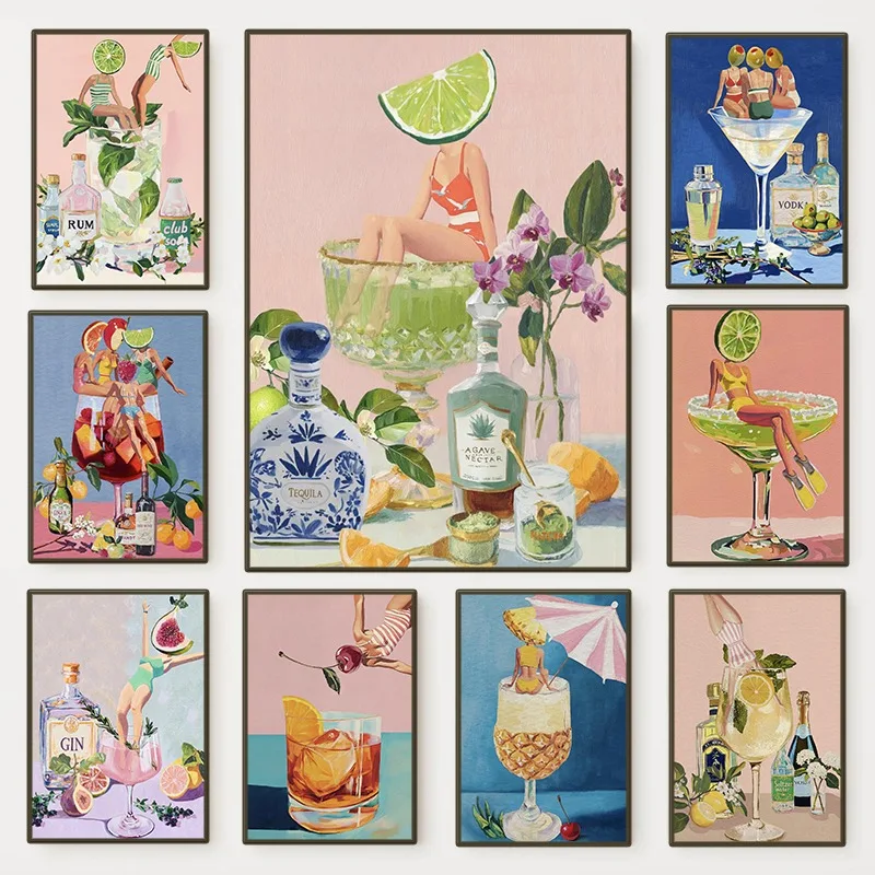 Póster de cócteles coloridos sin marco, estilo Mid-Century, fantasía alcohólica, bebidas audaces, pintura en lienzo, arte de pared para bar y cocina, 1 unidad