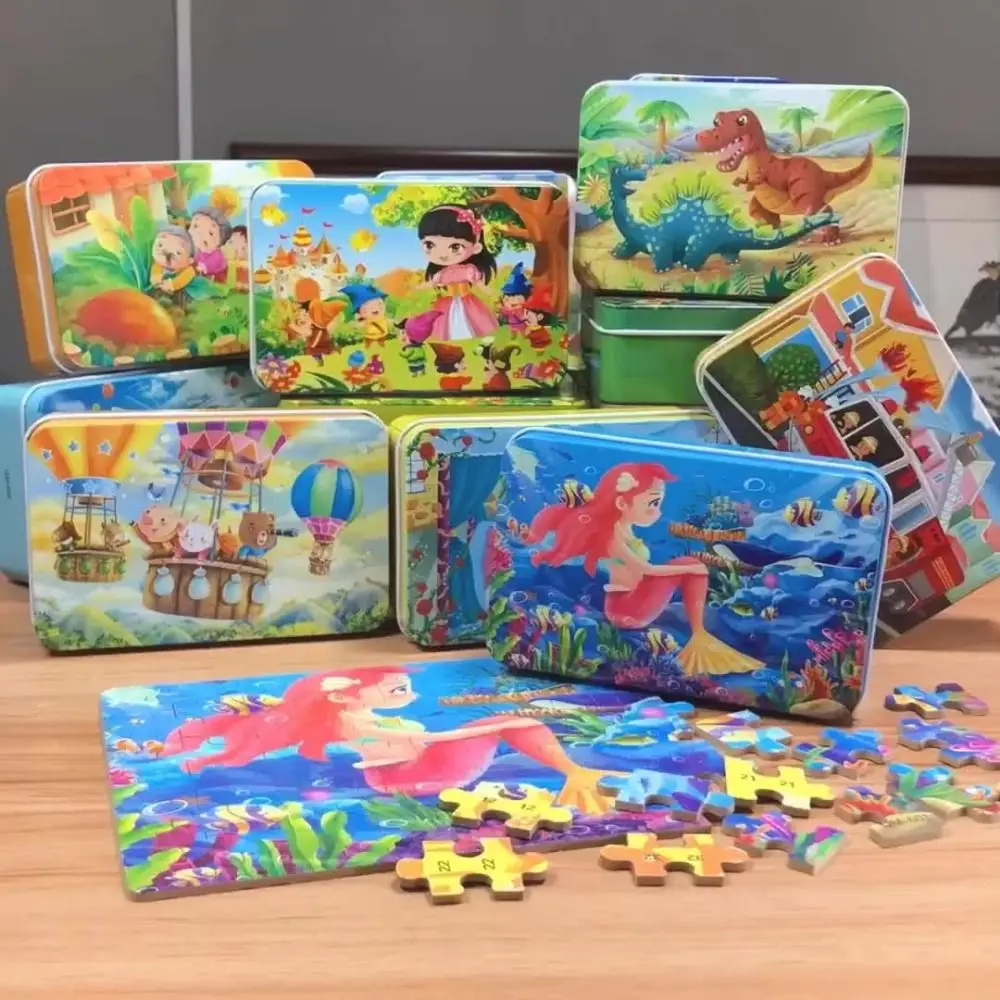 

60PCS Creative Multicolor Cartoon Puzzles Iron Box Color Cognition Developmental Toys Wood Kids Jigsaw 3-6 Years Old