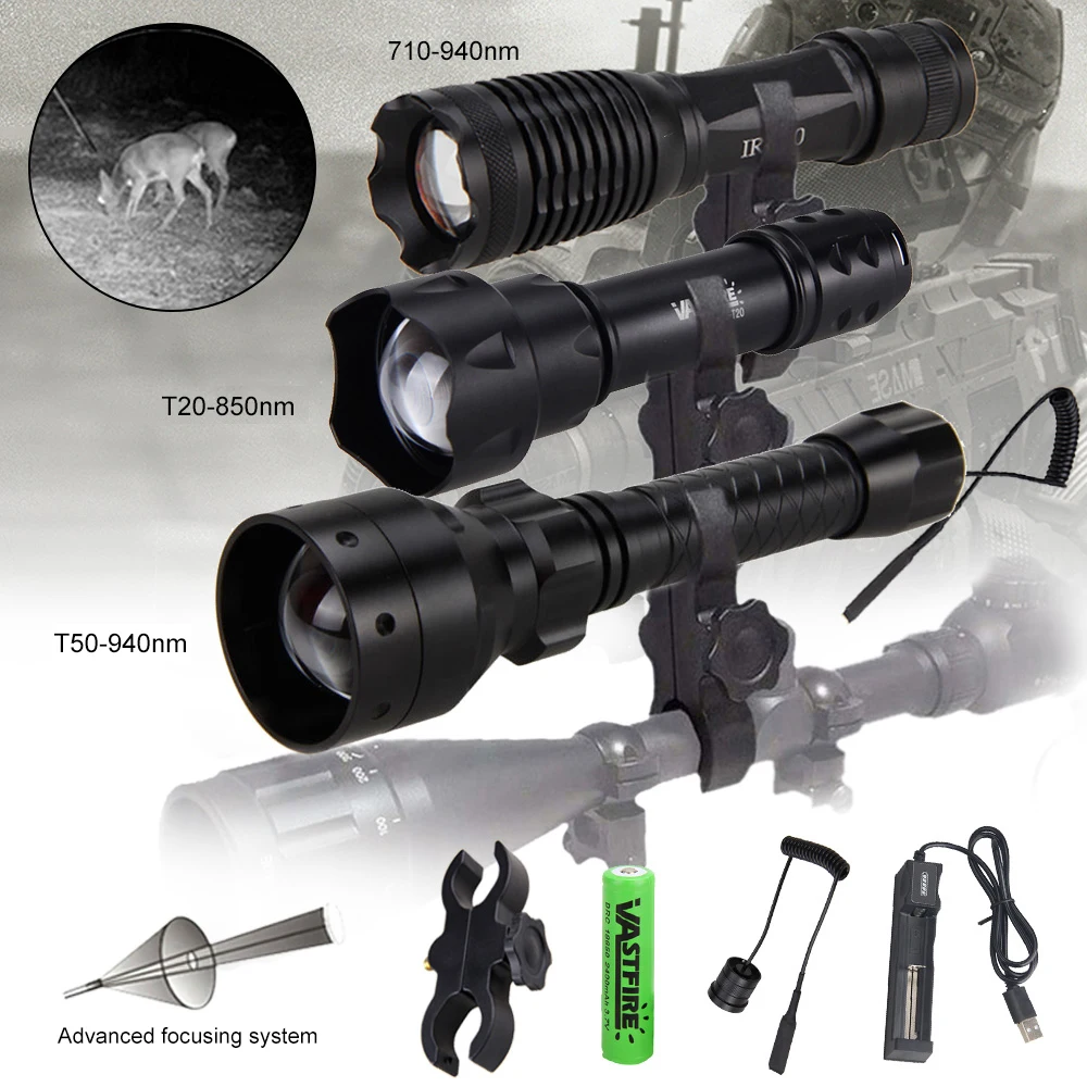 

T50 Infrared IR 940nm 850nm Night Vision LED Tactical Flashlight Zoomable IPX6 Waterproof Torch USB Rechargeable Hunting Lantern