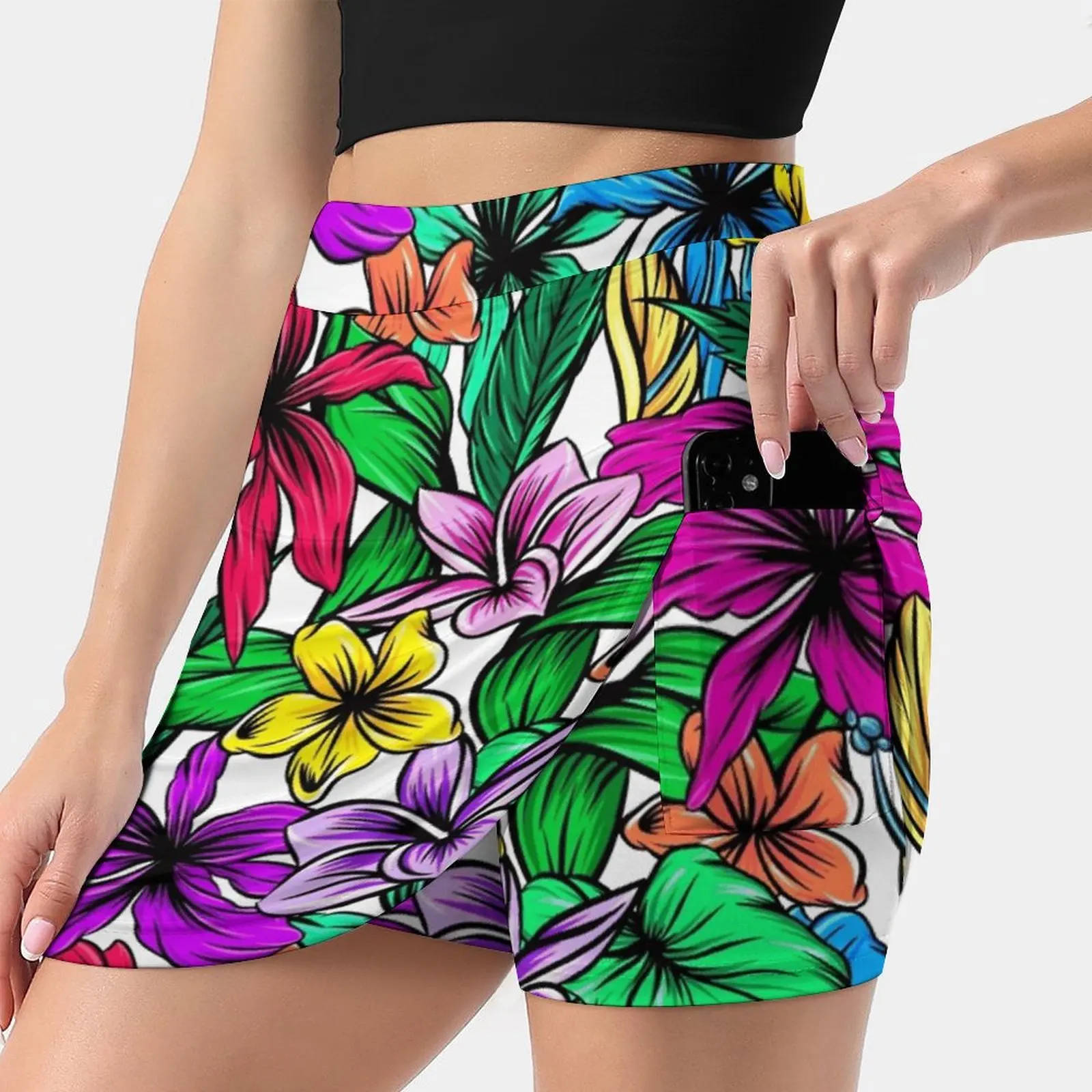 Vibrant Tropical Hibiscus Floral Pattern Tennis Golf Skirt Sexy A-Line Harajuku Shorts Skirt With Phone Pockets Skort Bright