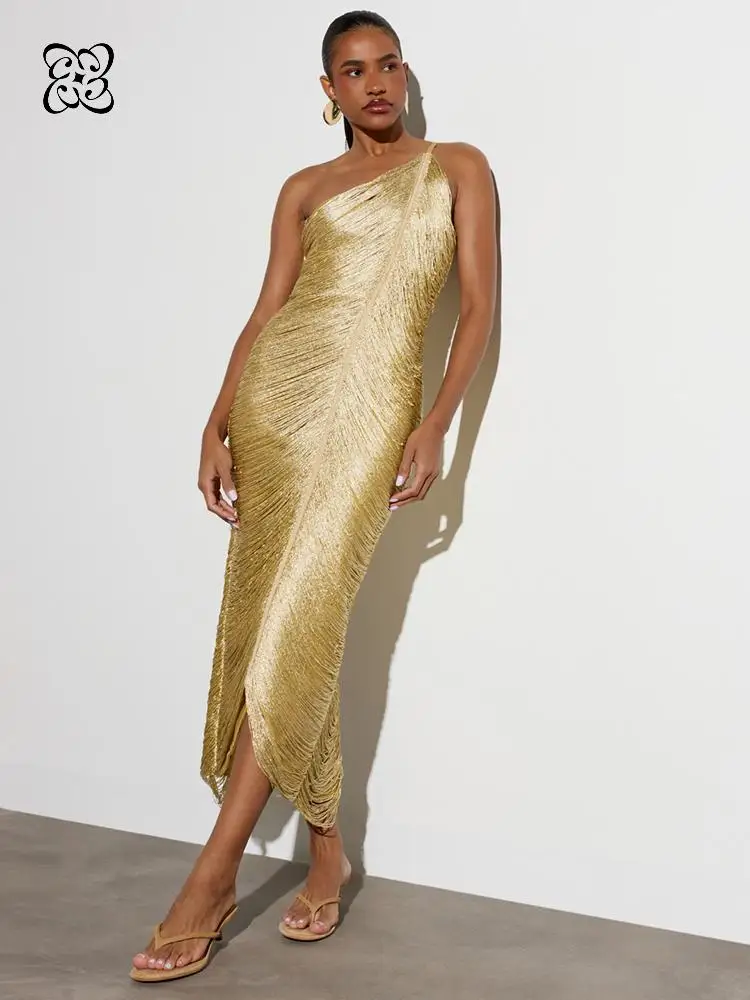 Vestido Maxi Dorado con un Hombro Descubierto y Fruncido 2026, Vestido Midi Metálico Brillante Ajustado con Abertura Frontal para Gala Formal, Vestido de Mujer