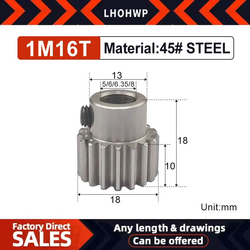 1M16T Hole  5-6-6.35-8 Teeth 1M Small Gear 1 Mod Spur Gear 1 Motor Mini Gear Pinion 45# Steel Transmission