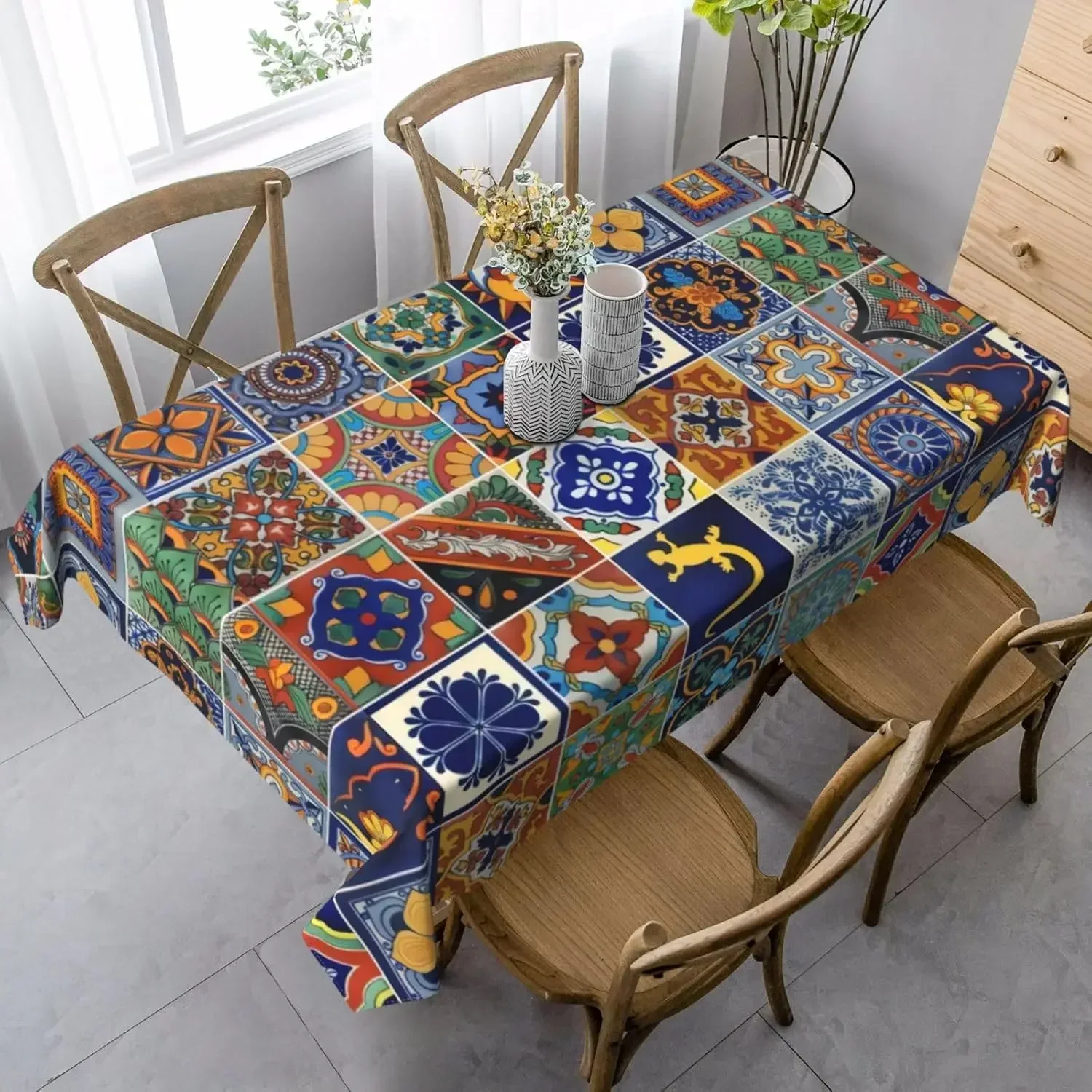 Rectangle Vintage Talavera Ceramic Tile Waterproof Tablecloth Tabletop Decor Farmhouse Kitchen Tablecloth Holiday Party Decor