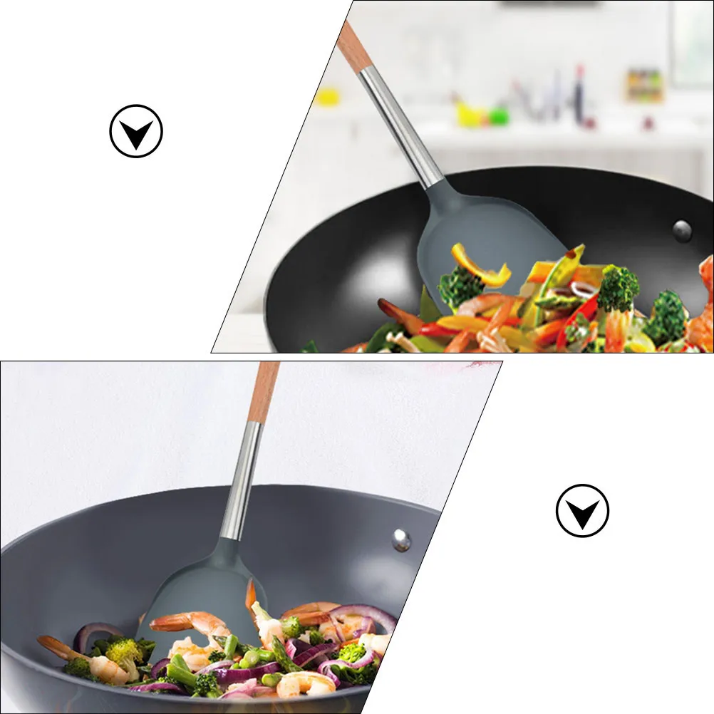 Juego de Utensilios de Cocina de Silicona y Madera, Diseño Elegante y Simple, Espátula, Cuchara, Cucharón, Resistentes al Calor, Antiarañazos, para el Hogar