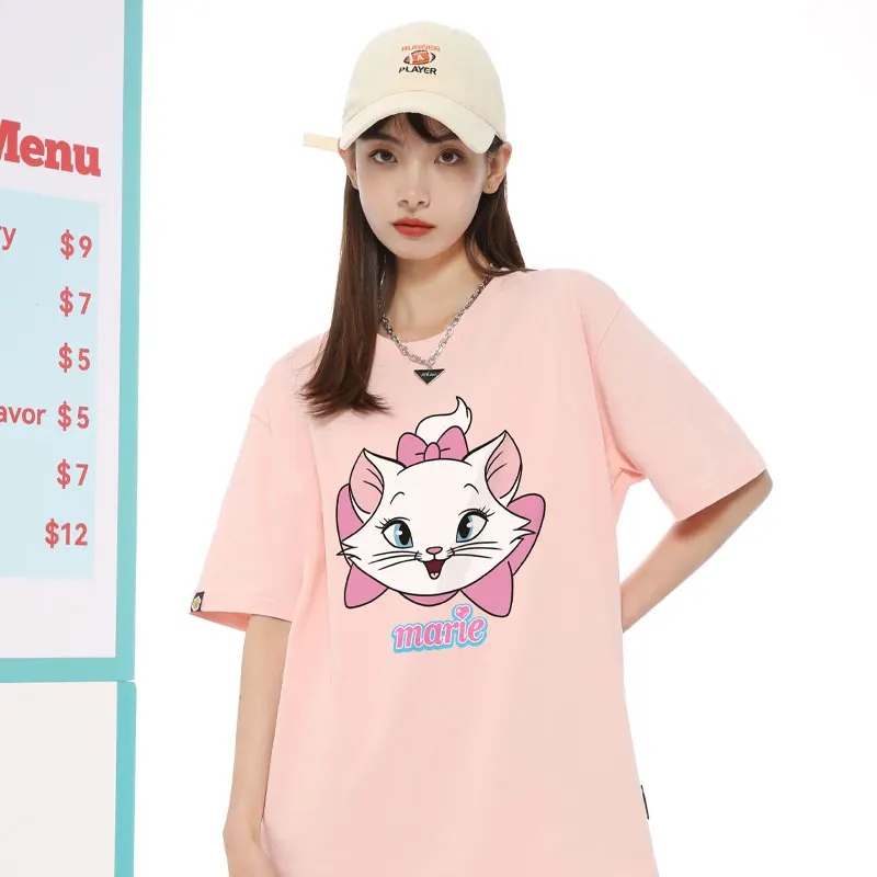 Disney Joint Mary Cat Short-sleeved Women's T-shirt Summer New Loose Top Ins Trend Everything With Pure Cotton Clothes