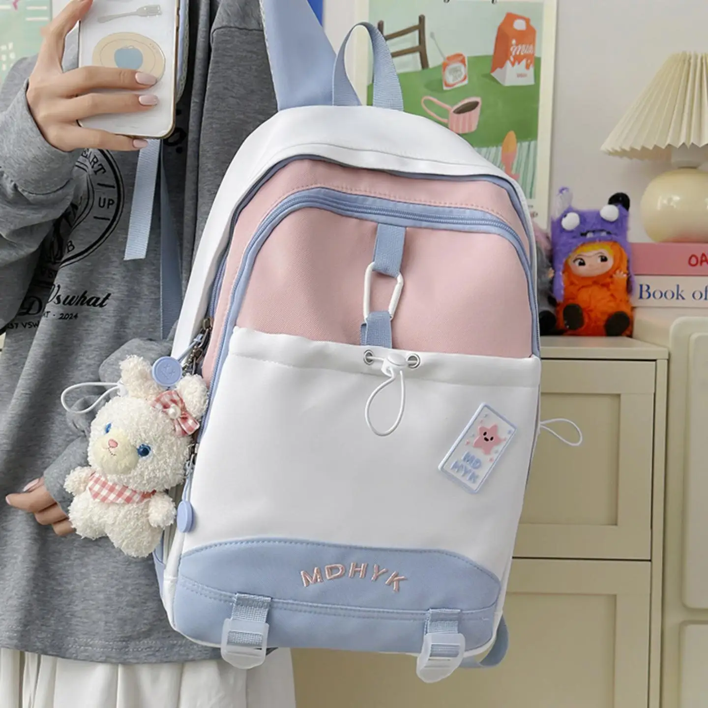 cute-color-collision-middle-school-girl's-backpack-travel-dual-shoulder-bag-sweet-soft-sister-initials-backpack
